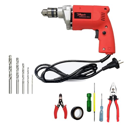 Image of Hillgrove HGCM1117M3 500W Drill Machine with 5Pcs Hand Tool Kit, 5Pcs HSS Drill Bits for Making Holes in Metal /Wood /Concrete Pistol Grip Drill (10 mm Chuck Size)
