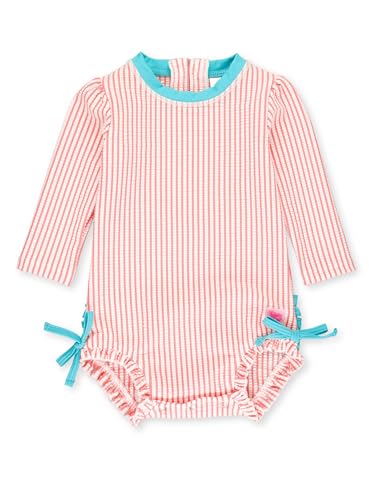 Image of RuffleButts Baby-Girls Seersucker Long Sleeve Rash Guard - One Piece Swimsuit UPF 50+ Toddler