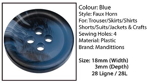 Pack of 6 Blue 18mm Round Faux Horn Sew On Plastic Buttons for Skirts Trousers Suits Shorts Coats Flat 4 Holes 28L - Image 3