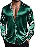 Barry.Wang Mens Green Silk Satin Dress Shirts Shiny Luxury Emerald Green Long Sleeve Button Down Shirts Formal Casual Disco