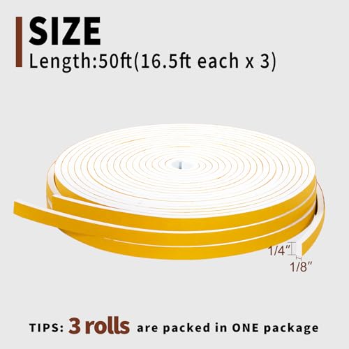 Image of Yotache White Doors Windows Weather Stripping 1 /4 inch x1 /8 inch, Total 50 Ft