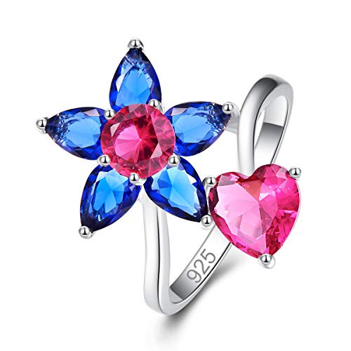 Emsione 925 Sterling Silver Plated Created Ruby Spinel Heart CZ Cut with Flower Eternity Ring Anniversary Wedding Engagement Ring for Women Girls Size 7 Color Red