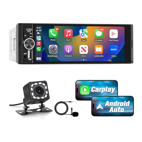 Autoradio 1 DIN CarPlay et Android Auto avec 6.36‘’ Écran Tactile HD/Bluetooth 5.0/Caméra de Recul Inclus/FM USB Type C/GPS/Airplay/Mirrorlink/Siri Commande Vocale