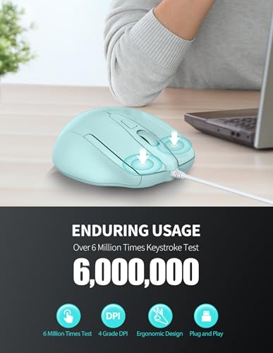 Image of TECKNET Wired Mouse, 6-Button Corded with 4 Adjustable DPI, Ergonomic Optical Mouse, 5FT Cord for Laptop, Chromebook, PC, Desktop, Mac, Notebook - LT.Green