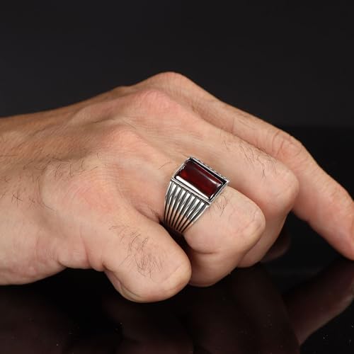 Men's Sterling Silver Rectangular Gemstone Ring – Vertical Ribbed Band Design, 925 Solid Silver Statement Jewelry2