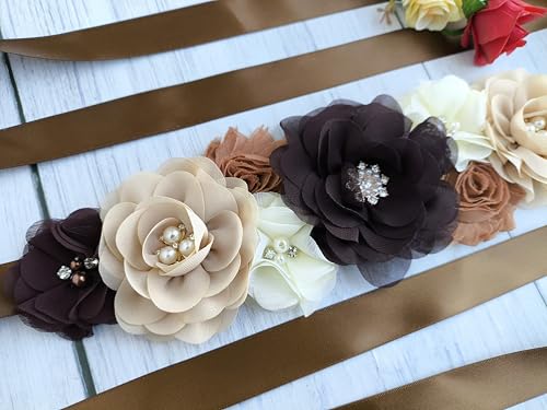 Brown Babyshower Sash for Mom,Maternity Flower Sash Belt for Pregnancy Photograph2