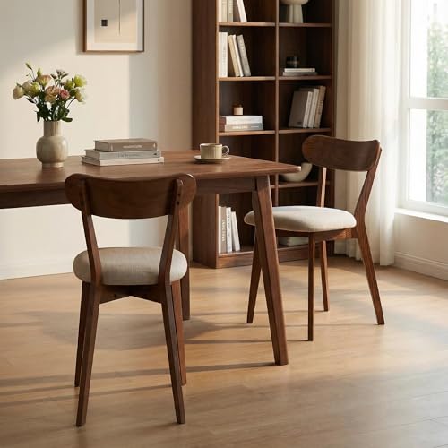Image of 100% Solid Wood Dining Chairs,Mid Century Modern Dining Chairs with Rounded Backrest,Kitchen,Dining Room Chairs Set of 1 /2 /4 (2, Walnut Color Grey Upholstery)