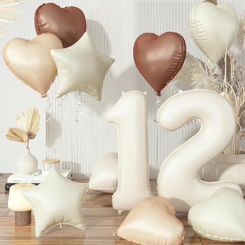 Balões de aniversário de 12 para meninas, balões grandes de alumínio bege, creme, areia, branco, neutro, 12, cor nua, torrado, damasco, castanho, hélio, coração, estrela, balão para meninos,