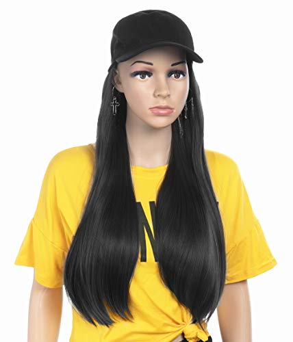Gerulyss Black Baseball Cap with Straight Natural Hair Extension 20 Inches Long Wigs for Women Hats with Hairpieces (black, straight hair)