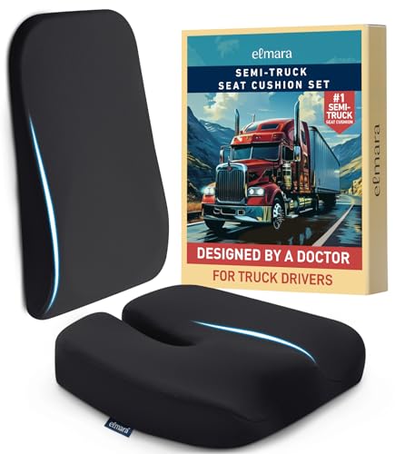 Elmara Doctor-Designed Semi-Truck Seat Cushion for Truck Driver – The Ultimate Comfort Solution for Long-Haul Drivers – Trucker Seat Cushion & Back Support – 2-Piece Ergonomic Set (Black)