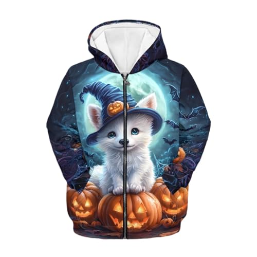Kids Cool Halloween Fox 3D Print Zip Up Hoodies Boy Girl Hooded Sweatshirt with Packet