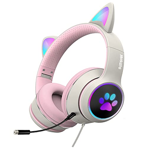 Mokata Gaming Headphone Wired AUX 3.5mm Over Ear Cat LED Light Volume Limited 110-85 dB For Kids & Adult Foldable Stereo Headset with Microphone for PC TV PS4 Game Cellphone Laptop Pad H02 Beige White