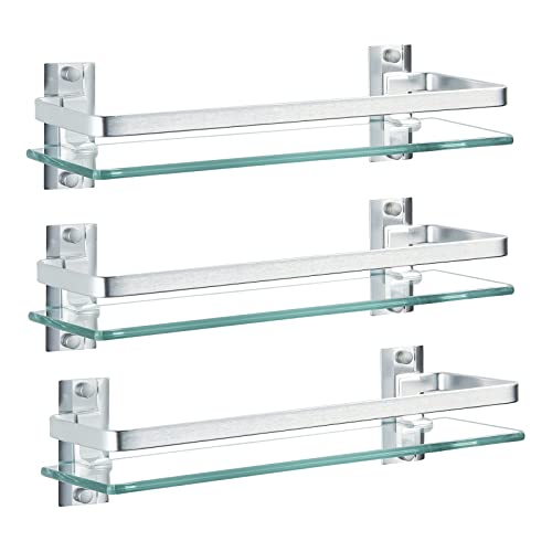 Aijaly 3 Pack Bathroom Glass Shelf ,Aluminum Tempered Glass 0.34In Extra Thick Rectangular 1 Tier Storage Organizer Wall Mount ,Silver 15.7In #TOP29