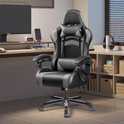 Silla Gaming Ergonómica, Reposabrazos Acolchados, Cojín Lumbar Ajustable, Capacidad 150-200KG, Color Azul (Casual, Gris)