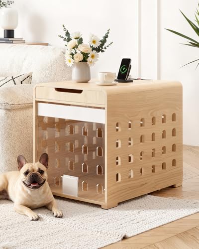 Upgraded Modern Dog Crate Furniture with Charging Station Medium Kennel Indoor with Flip-up Hidden Acrylic Door for Small and Medium Breeds up to 50lb Wood Pet End Side Table Cage Oak