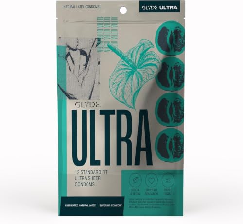 GLYDE Ultra - Standard Fit Condoms - 12 Count - Ultra-Thin, Vegan Medium Size Natural Rubber Latex, 53mm for Silky Fit