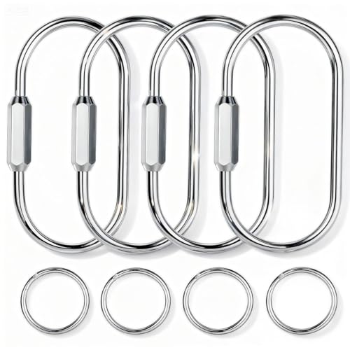 Tiezzi Gold Brass Key Rings 1 Pack Keychain with 4 Flat Rings Carabiner Clip Screw Lock Keys Organizer Purse Bag Accessories Charms Holder for Handbags Doll Car Keys Silvery - Medium Size