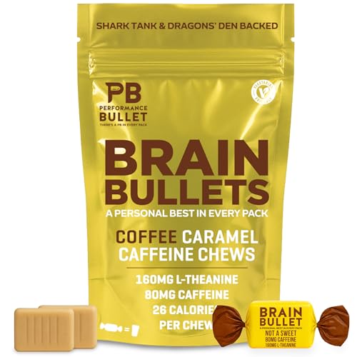 160mg L-Theanine + 80mg Caffeine Chews Coffee Caramel Flavour Increases Productivity Mental Clarity Alertness | 4 Packs - 16 Servings | Brain Bullet | Energy Gum & Focus Gummy Upgrade