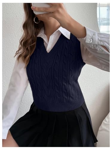 Image of Milumia Women's Cable Knit V Neck Sweater Vest Sleeveless Ribbed Crop Tank Top