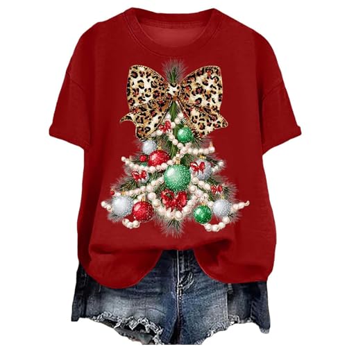 Christmas T Shirt for Womens Funny Festive Printed Blouse Loose Fit Comfortable Xmas Pullover Ladies Short Sleeve Tshirts Christmas Crew Neck Casual Sweatshirts Basic Xmas Printed Tee (zB-Red XL)