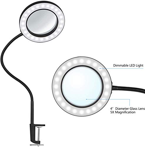 Magnifying Lamp, BZBRLZ Dimmable Eye-Caring LED Desk Lamp, 5X Magnification, Infinite Brightness Adjustable