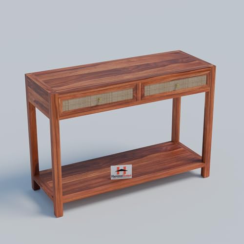 Image of Solid Wood Console Table with 2 Drawers & Bottom Shelf Storage for Living Room, Entryway, Hallway, Bedroom & Office | Honey Finish | 42 x 15 x 30 Inch