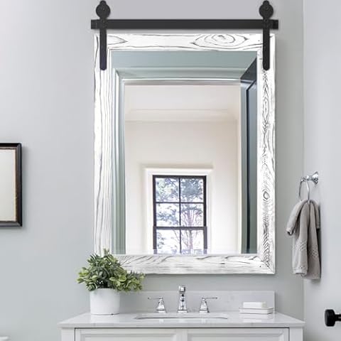 YOSHOOT Farmhouse Barn Door Mirror, 32"x24" Rustic Wood Framed Wall Mirror, Wall Mounted Vintage Mirror, Wooden Farmhouse Style Mirror for Bathroom Living Room Entryway, White, Vertical Hanging ONLY Cover