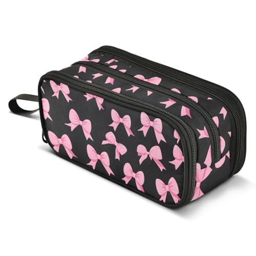 Image of ALAZA Pink Bow Black N Pencil Case Large Capacity Pencil Pouch Box Boys Girls School Supplies Pen Case Bag with Handle 3 Compartments Zipper