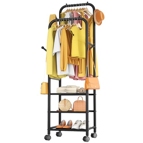 Furologee Clothing Racks for Hanging Clothes, Portable Rolling Garment Rack, Sturdy Metal Freestanding Clothes Rack with Wheels, Double Rods Wardrobe Racks for Bedroom Laundry Living Room