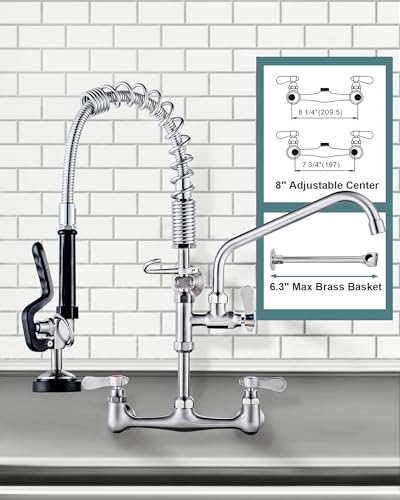 Image of 21 inch Height Commercial Faucet Wall Mount with Sprayer 10 inch Swing Spout 8 inch Adjustable Center, Kitchen Sink Faucets with Pull Down Pre-Rinse Sprayer for Restaurant Industrial Kitchen, Brushed Nickel