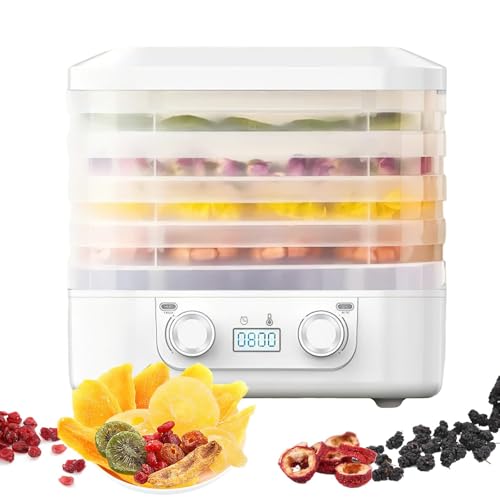 Deshidratador alimentario, 160 W Food Dehydrator con 5 bandejas ajustables en altura, control de temperatura de 35 a 70 °C y temporizador de 48 horas, para frutas, carne, verduras (blanco)