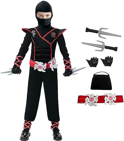 JSDRSK Ninja Costume Deluxe Black Kids Ninja Costume with Plastic Accessories Halloween Cosplay Ninja Outfit for Boys Girls