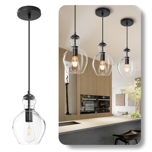 Vaziden Modern Glass Pendant Lighting for Kitchen Island Kitchen Sink, Farmhouse Black Pendant Light...