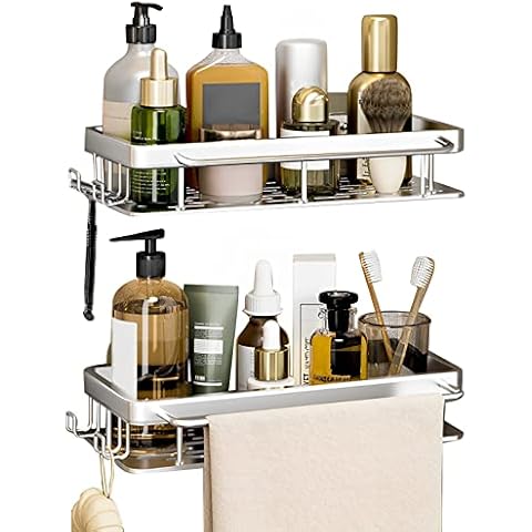 2Pcs Shower Caddy Black,Shower Shelf No Drilling Adhesive Bathroom Shelf Wall Mounted with 4 Hooks for Hanging Razor and Towels (Silver) Cover