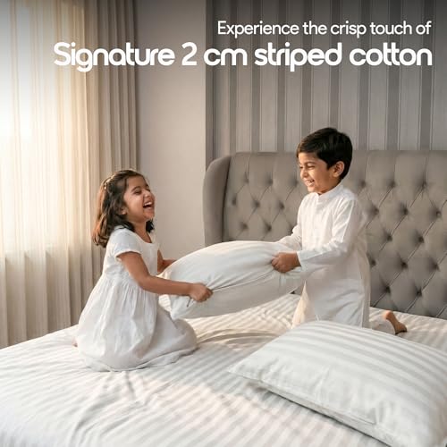 Image of LINENWALAS Cotton 300 Thread Count Double Size Bedsheet Set | 2 cm Sateen Stripe Design | Cloud-Soft, Breathable & Skin-Safe | Oeko-TEX Certified Hotel-Style Bedding (90 x 100, White)