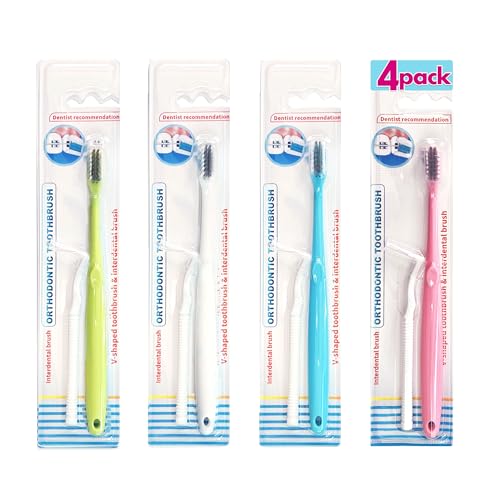 Teckolign Cepillo de dientes de ortodoncia para aparatos ortopédicos, 4 unidades, cerdas suaves con cepillo dental interno (blanco, rosa, azul y verde (4 en 1), mediano pequeño)