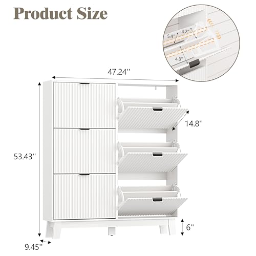 Image of HUANLEGO Shoe Cabinet Storage for Entryway with 6 Flip Drawers, Fluted Narrow Shoe Organizer with Wooden Legs, Freestanding Slim Shoe Storage Hidden Shoe Rack Organizer for Front Door Entrance, White