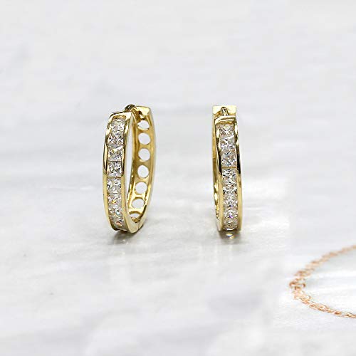 Doubleaccent Solid 14K Gold Earrings Princess Cut Cubic Zirconia Channel Set Huggie Hoop Earrings #TOP2