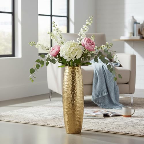 Image of RIZIK STORE Hammered Gold Metal Floor Flower Pot /Vase - 24.2 Inch Tall Round Decorative Vase for Living Room, Modern Minimalist for Dried Flowers, Antique Home Decor Accent (Gold)