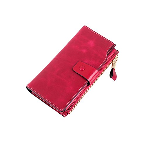 Women's RFID Blocking Large Capacity Luxury Wax Genuine Leather Cluth Wallet Card Holder Ladies Purse (red)