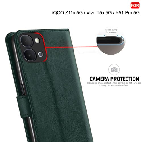 Image of TheGiftKart Flip Back Cover Case for iQOO Z11x 5G / Vivo T5x 5G / Vivo Y51 Pro 5G | Genuine Leather Finish | Designer Button | Inbuilt Pockets & Stand | Flip Back Case Cover (Faux Leather, Green)