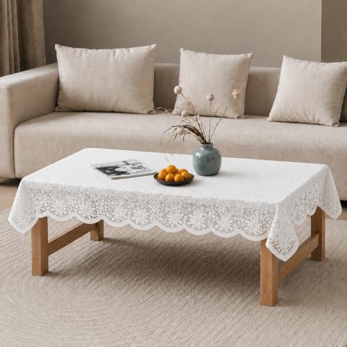 Image of Cotton Net Embroidered Center & Dining Table Cover for 4 Seater | Rectangular 40x60 Inch | Lightweight & Washable Table Cloth | Pack of 1 (Jasmine White)