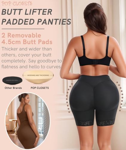 Image of POP CLOSETS Padded Underwear for Women with Thicker Butt Pads Lace Shorts | Shapewear Shorts with Thicker Butt Pads for Butt Lifting, bbl Shorts with Lace Trim, Seamless Invisible Under Dress for Daily