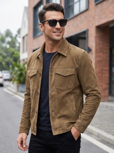 Image of Men's Suede Leather Jacket Real Lambskin Suede Casual Leather Jackets For Men Suede Trucker Coat for Mens