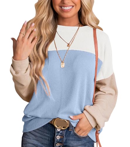 Image of ETOSELL Womens Fashion 2024 Fall Long Sleeve Color Block Crewneck Knitted Ribbed Tops Casual Comfy Loose Blouse Pullover