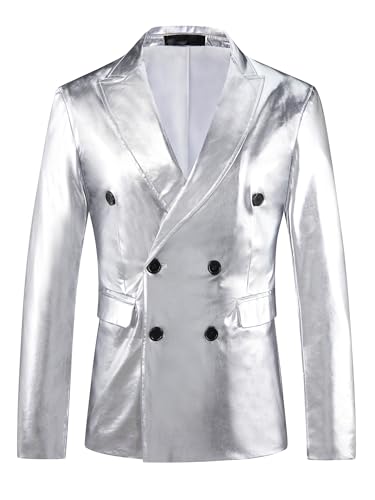 Lars Amadeus Sparkly Metallic Blazer for Men's Peak Lapel Double-Breasted Party Disco Sport Coat Shining Suit Jacket