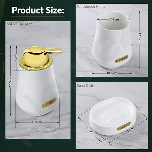 Image of Plantex Ceramic Bathroom Set - Soap Holder for Bathroom /Liquid Soap Dispenser /Tumbler Holder /Toothbrush Holder /Handwash Dispenser - 3 Pcs Set
