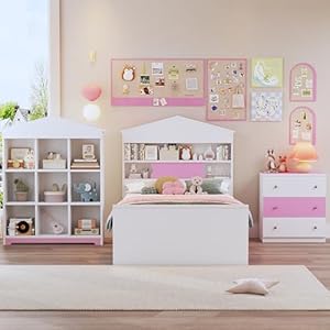 Bovza3piecekidsbedroomsettwinsizehouseshapedbedwithstorageheadboardanddrawerscolorblocknightstandand9compartmentbookshelfforboysandgirlspinkwhite  Urban Country Home Decor Bovza 3 piece kids bedroom set twin size house shaped bed with storage headboard and drawers colorblock nightstand and 9 compartment book shelf for boys and girls pink white  urban country home decor