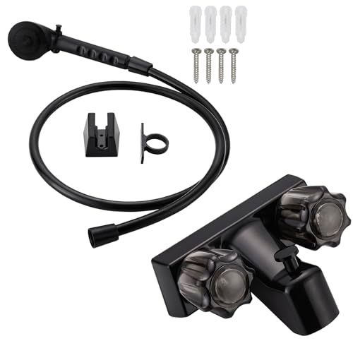Image of RV Shower Faucet with Hose and Head, RV Outdoor Shower Kits, RV Tub Faucet with Shower Diverter Outdoor Shower Kit Fits for RV /Campers,Travel Trailer,Motorhome (Bathtub Faucet Kit, Black)