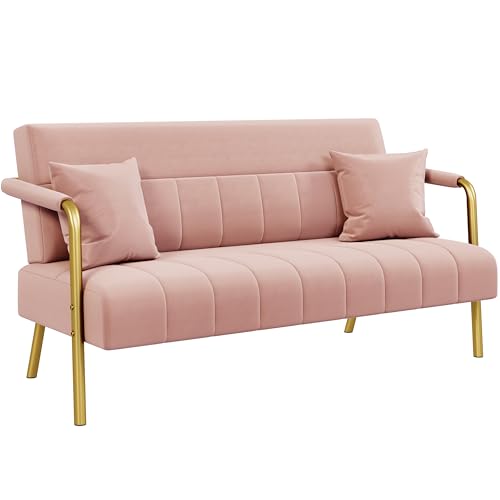 Yaheetech Divano Imbottito a 2 Posti in Velluto Divanetto da Salotto con Braccioli 143,5 cm × 71,5 cm × 75,5 cm Sofa Moderno con 2 Cuscini Divano per Soggiorno Camera da Letto Rosa